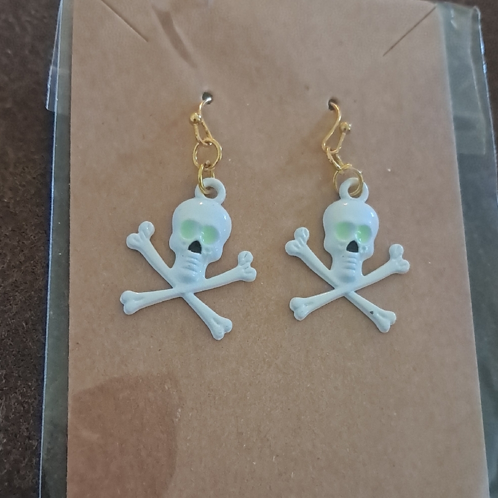 Hand Crafted White and Gold Skull Earrings for Kids